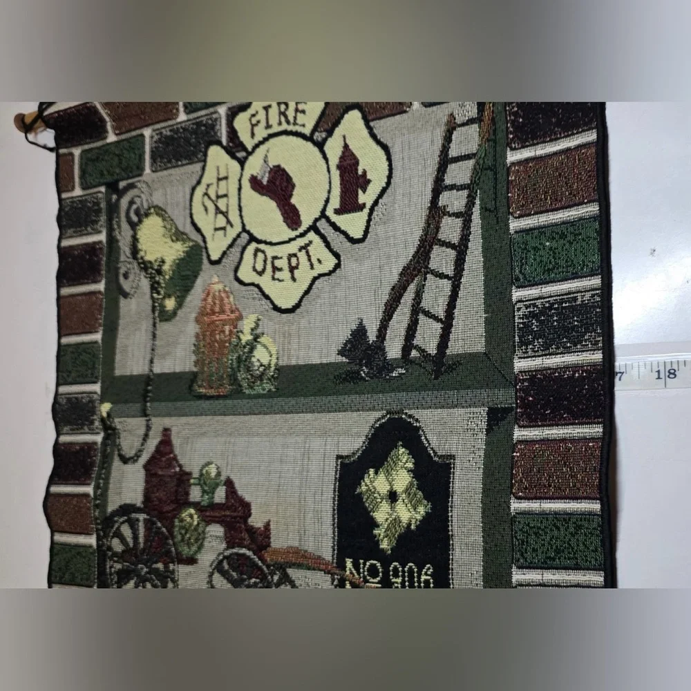 Vintage Fire Dept Woven Tapestry Wall Hanging Bannerette Dalmatian Decor 17x25